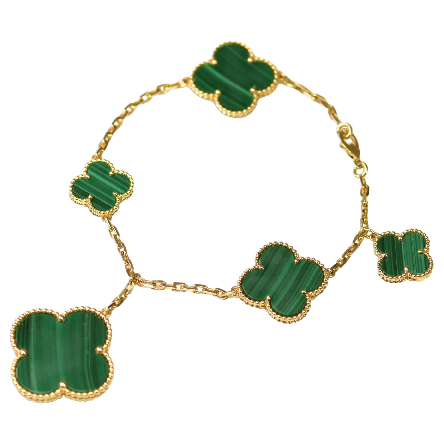 Aura MAGIC CLOVER MALACHITE GOLD BRACELET 5 MOTIFS