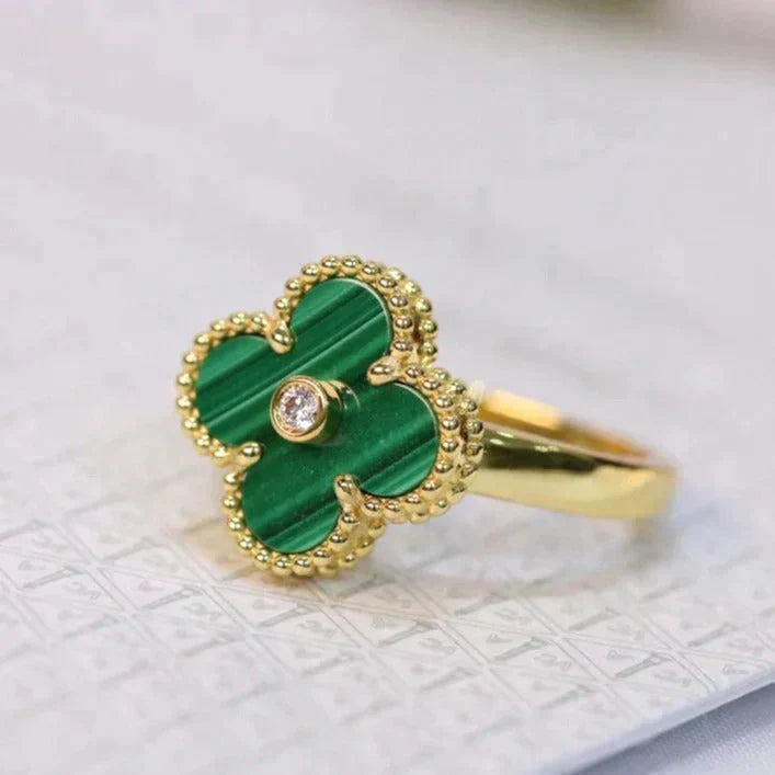 [⭐Aura ]CLOVER MALACHITE RING GOLD DIAMOND