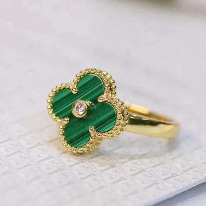 [⭐Aura ]CLOVER MALACHITE RING GOLD DIAMOND