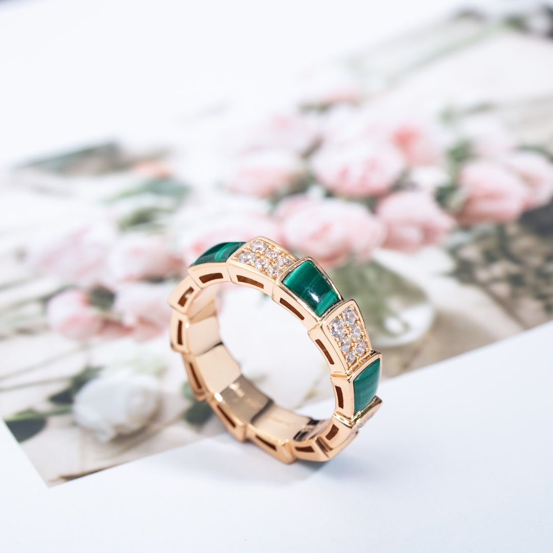 [⭐DORISW]SERPENTI RING PINK GOLD MALACHITE DIAMOND PAVED 4MM