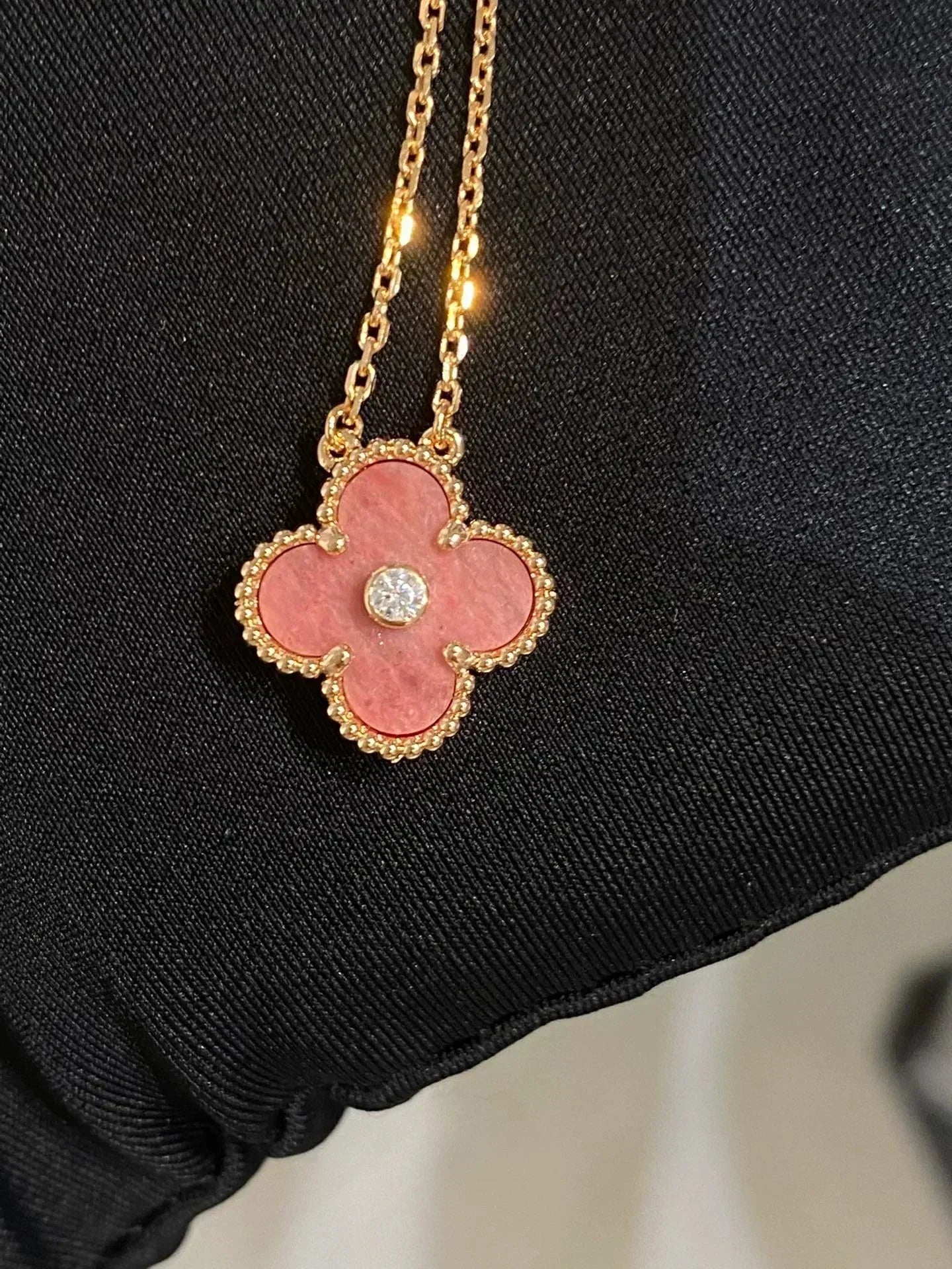 Aura CLOVER 15MM DIAMOND RHODONITE NECKLACE