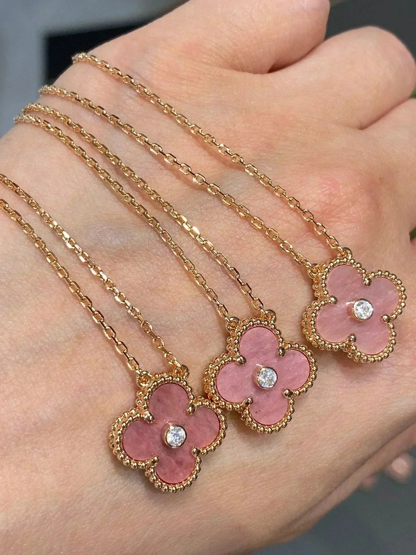 Aura CLOVER 15MM DIAMOND RHODONITE NECKLACE