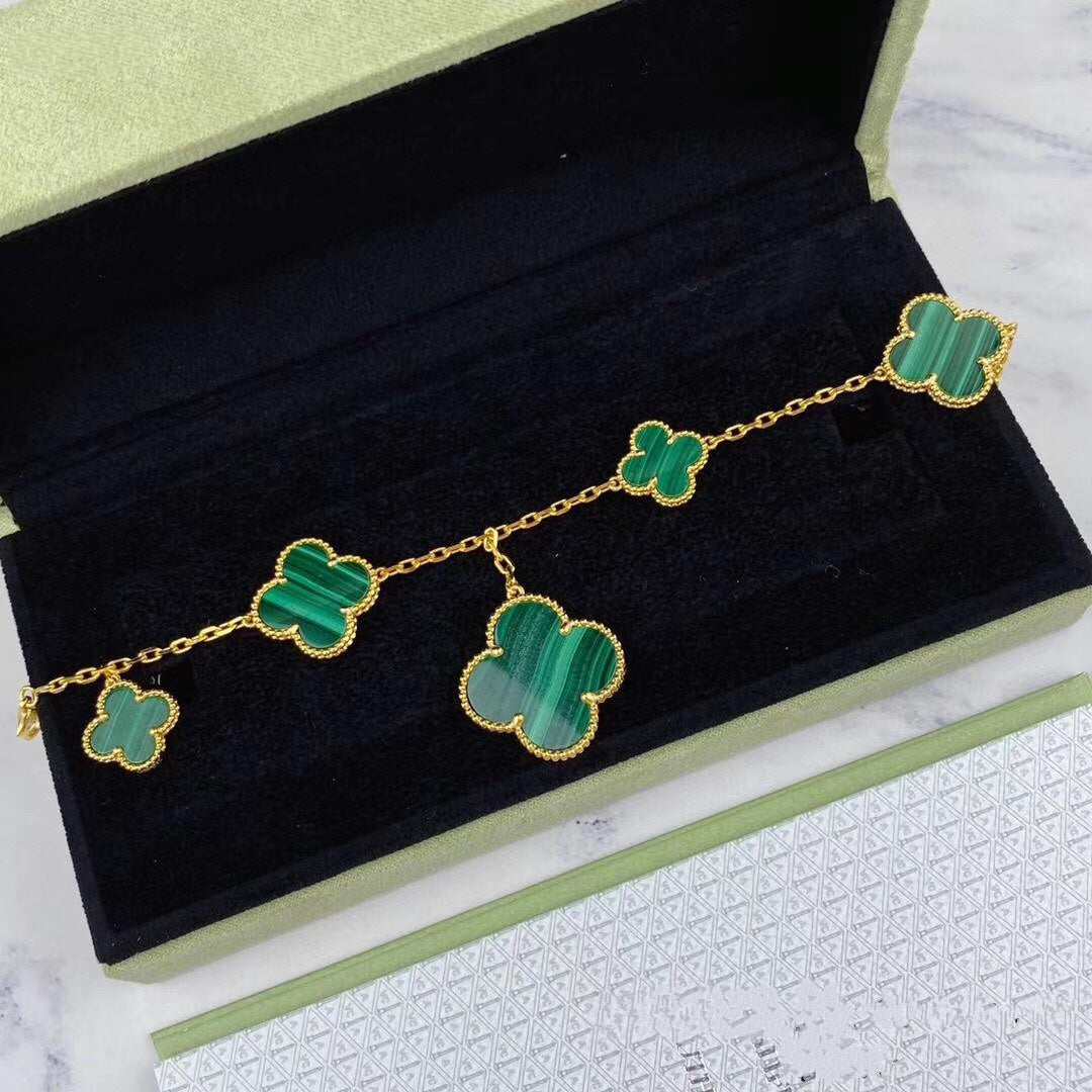 Aura MAGIC CLOVER MALACHITE GOLD BRACELET 5 MOTIFS