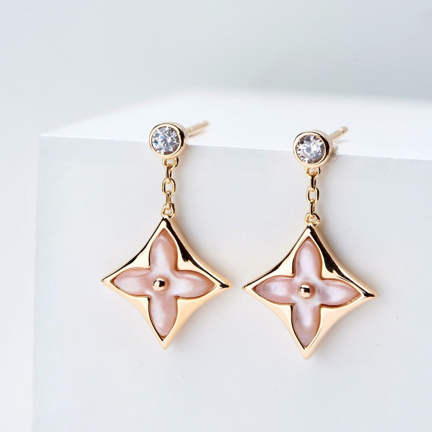 Aura DOUBLE STAR PINK GOLD MOP DROP EARRINGS
