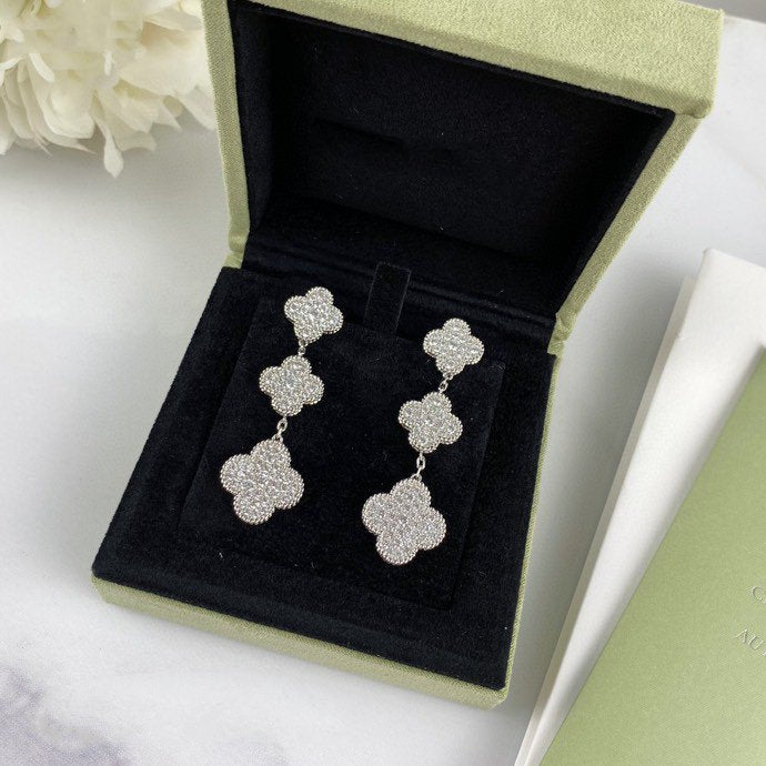 Aura CLOVER 3 MOTIF DIAMOND SILVER DROP EARRINGS
