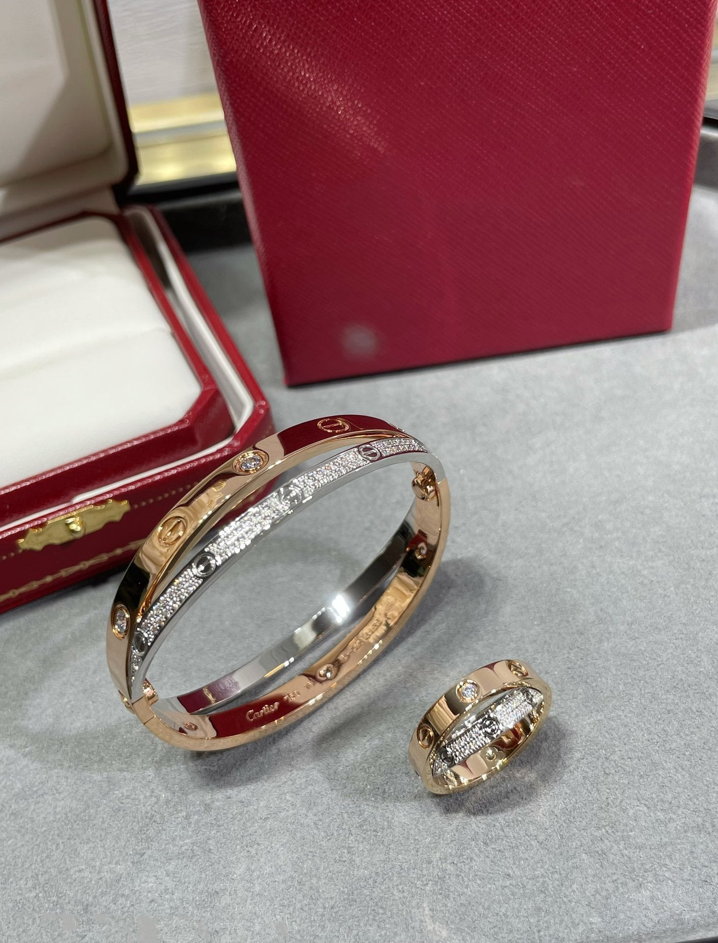 Aura LOVE PINK GOLD SILVER DIAMOND DOUBLE RING