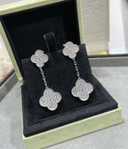 Aura CLOVER 2 MOTIFS DIAMOND PAVED SILVER EARRINGS