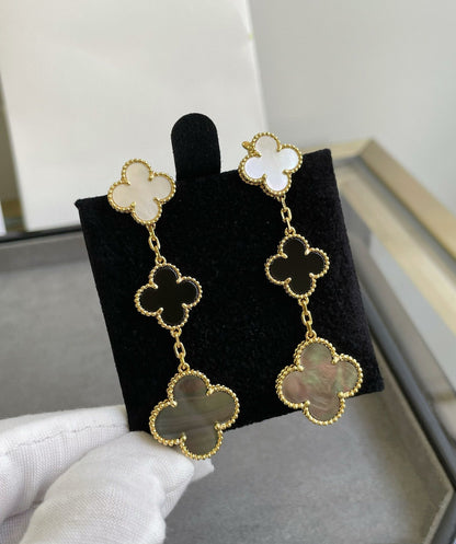 [⭐Aura ]CLOVER 3 MOTIF MOP ONYX DARK MOP PINK GOLD EARRINGS