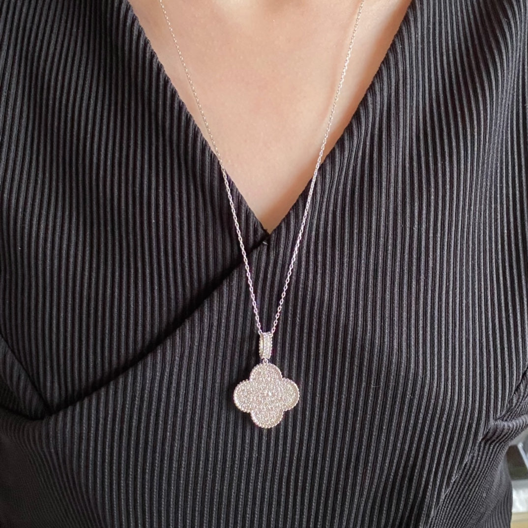 Aura CLOVER 25MM LARGE PEDANT DIAMOND PAVED LONG NECKLACE