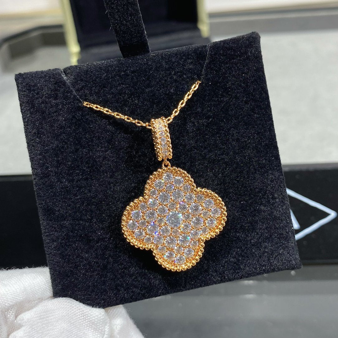 Aura CLOVER 25MM LARGE PEDANT DIAMOND PAVED LONG NECKLACE