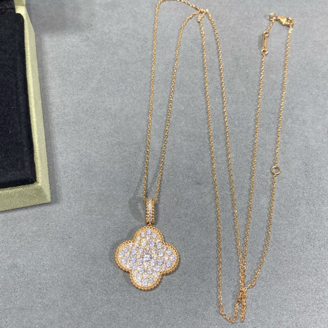 Aura CLOVER 25MM LARGE PEDANT DIAMOND PAVED LONG NECKLACE