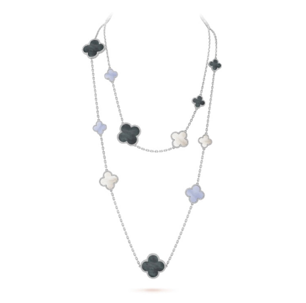 Aura CLOVER 16 MOTIF CHALCEDONY MOP SILVER NECKLACE