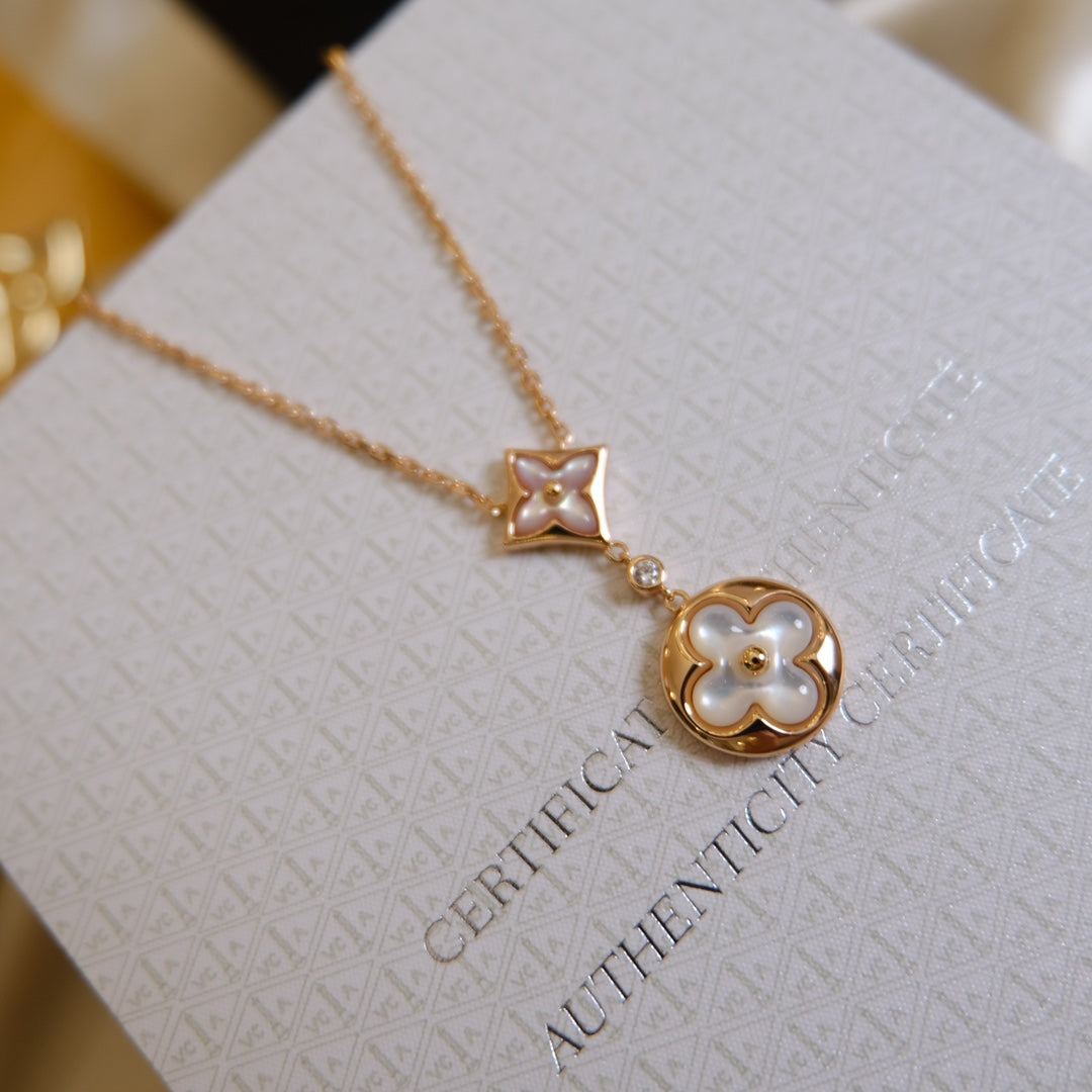 Aura STAR AND SUN WHITE MOP 2 MOTIF PINK GOLD NECKLACE