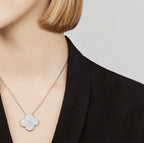 Aura CLOVER 25MM LARGE PENDANT DIAMOND PAVED SILVER NECKLACE