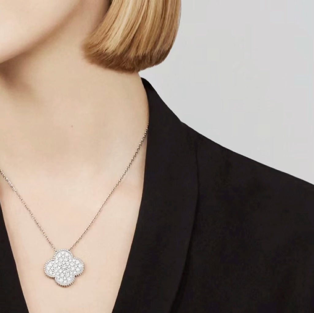 Aura CLOVER 25MM LARGE PENDANT DIAMOND PAVED SILVER NECKLACE