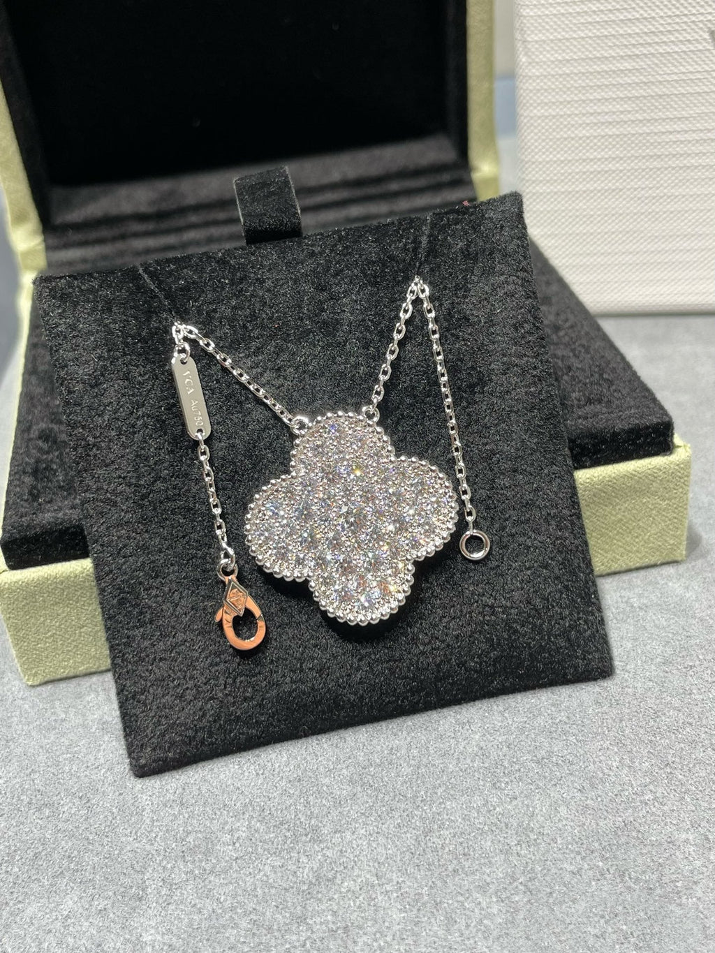Aura CLOVER 25MM LARGE PENDANT DIAMOND PAVED SILVER NECKLACE