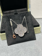 Aura CLOVER 25MM LARGE PENDANT DIAMOND PAVED SILVER NECKLACE