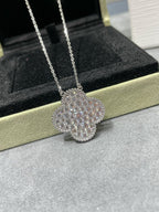 Aura CLOVER 25MM LARGE PENDANT DIAMOND PAVED SILVER NECKLACE