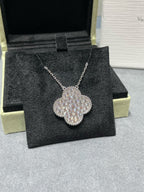 Aura CLOVER 25MM LARGE PENDANT DIAMOND PAVED SILVER NECKLACE