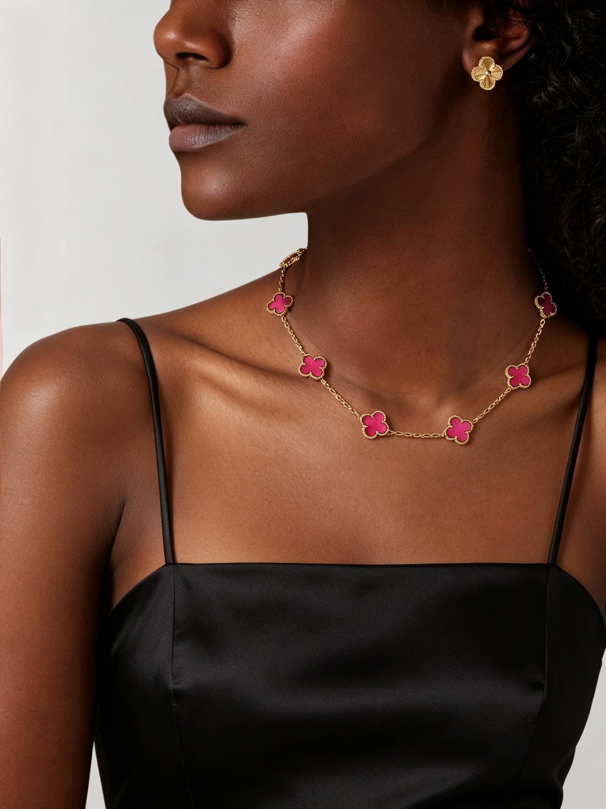 [⭐DORISW]NEW CLOVER 10 MOTIFS PINK ENAMEL NECKLACE
