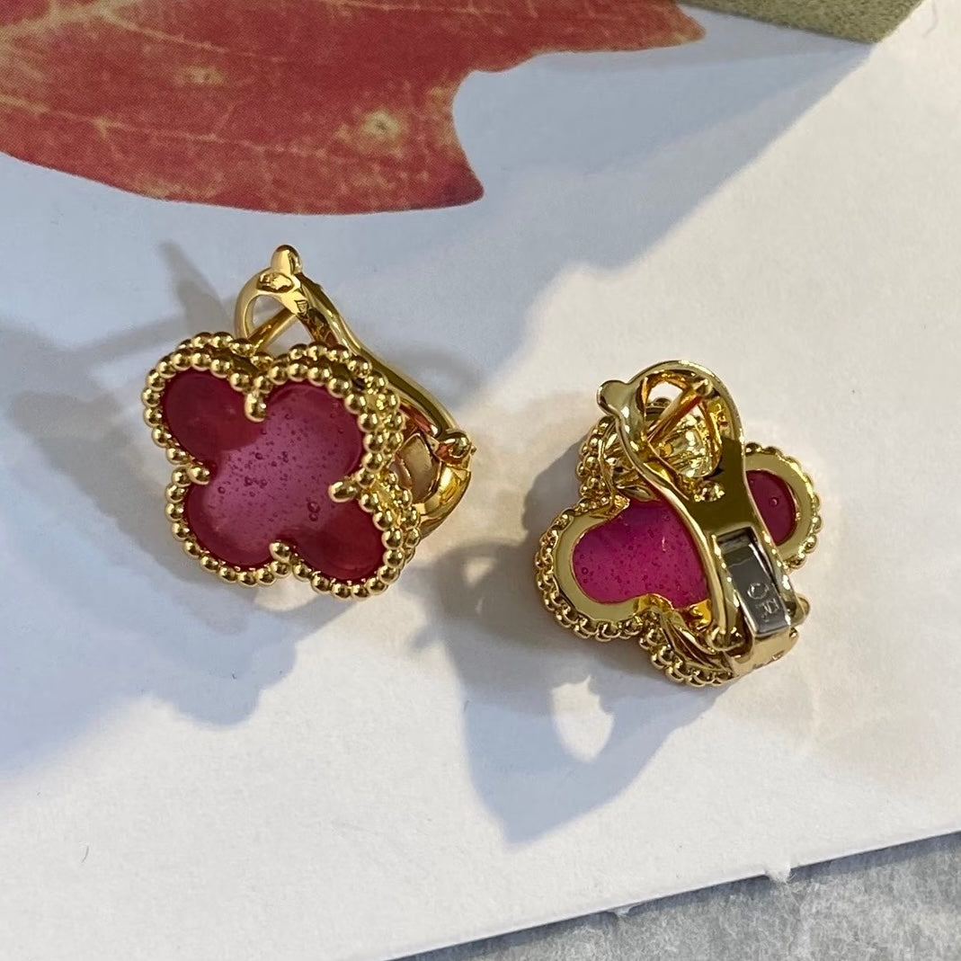 [⭐DORISW]NEW CLOVER 15MM PINK ENAMEL STUD EARRINGS