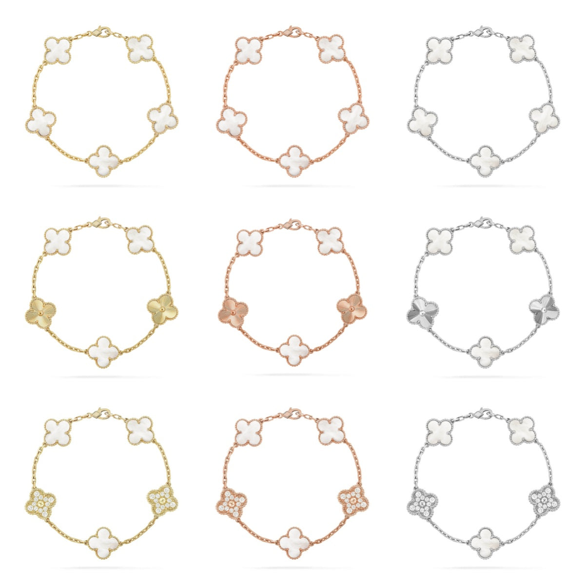 [Aura ]Neue CLOVER WHITE PEARL MOP 5 MOTIV ARMBAND-KOLLEKTION