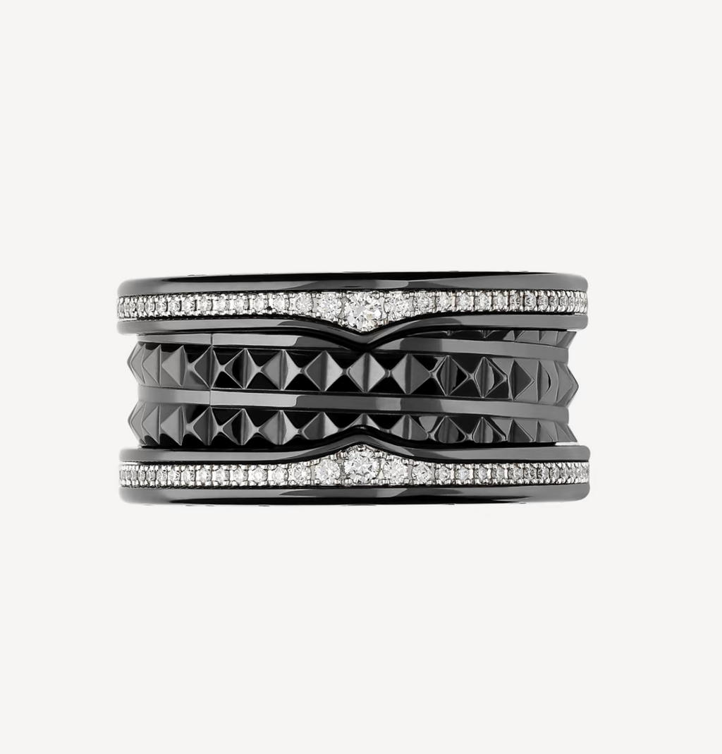 [⭐DORISW]ZERO 1 ROCK FOUR-BAND BLACK CERAMIC WITH STUDDED SPIRAL AND PAVED DIAMONDS RING