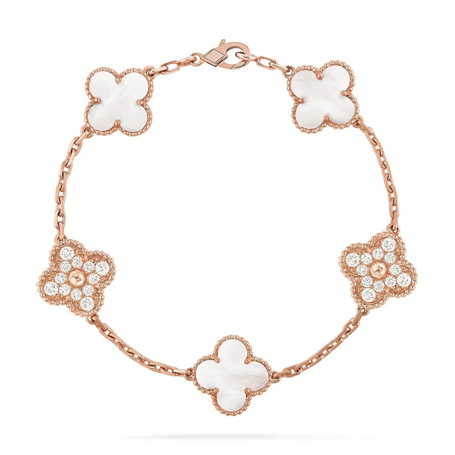 [Aura ]Neue CLOVER WHITE PEARL MOP 5 MOTIV ARMBAND-KOLLEKTION