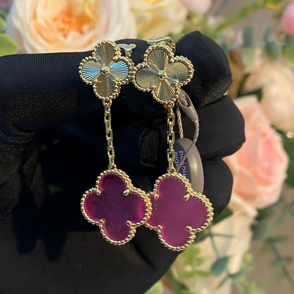 [⭐Aura]NEW CLOVER 2 MOTIF PINK ENAMEL EARRINGS
