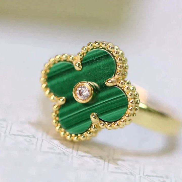 [⭐Aura ]CLOVER MALACHITE RING GOLD DIAMOND