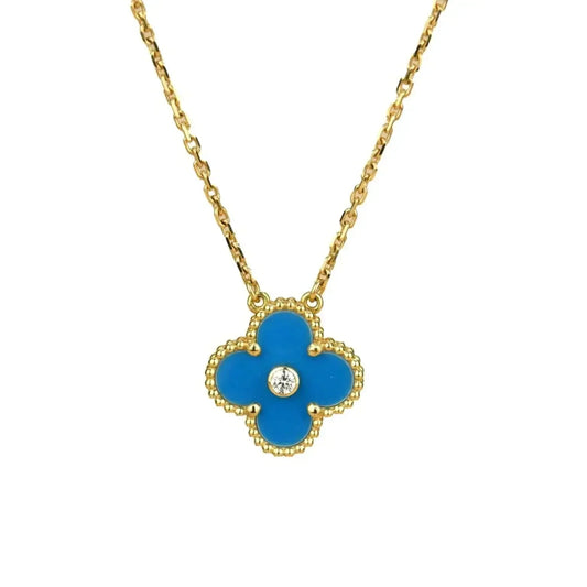 [⭐Aura ]CLOVER 15MM DIAMOND AND BLUE AGATE NECKLACE