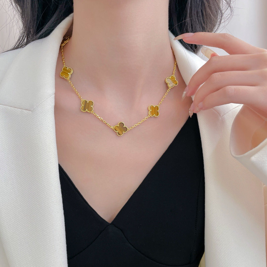 [⭐Aura ]CLOVER 10 MOTIFS TIGER EYE NECKLACE