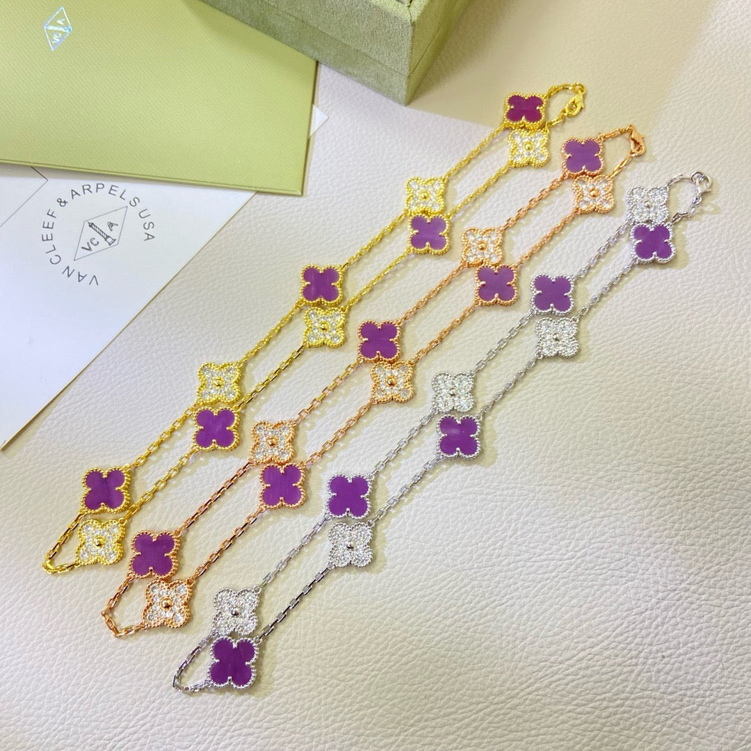 [⭐Aura ]CLOVER 10 MOTIFS  PURPLE VIOLET DIAMOND NECKLACE