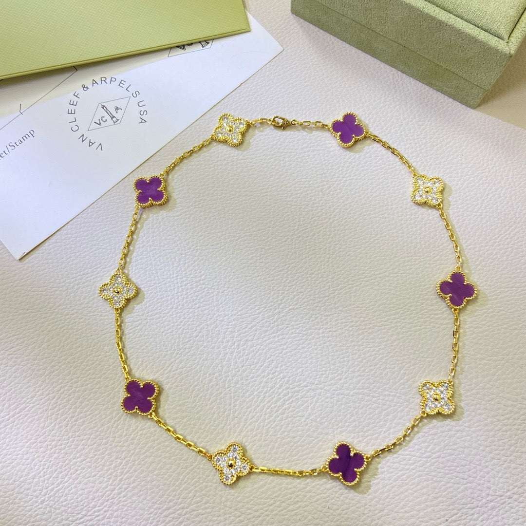 Aura CLOVER 10 MOTIFS  PURPLE VIOLET DIAMOND NECKLACE