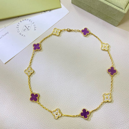 [⭐Aura ]CLOVER 10 MOTIFS  PURPLE VIOLET DIAMOND NECKLACE