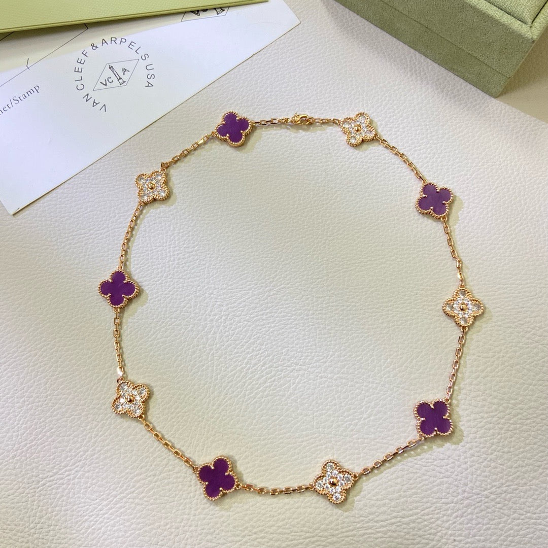 [⭐Aura ]CLOVER 10 MOTIFS  PURPLE VIOLET DIAMOND NECKLACE