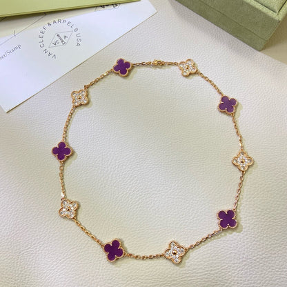 [⭐Aura ]CLOVER 10 MOTIFS  PURPLE VIOLET DIAMOND NECKLACE