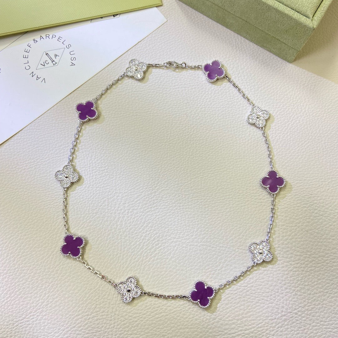 [⭐Aura ]CLOVER 10 MOTIFS  PURPLE VIOLET DIAMOND NECKLACE