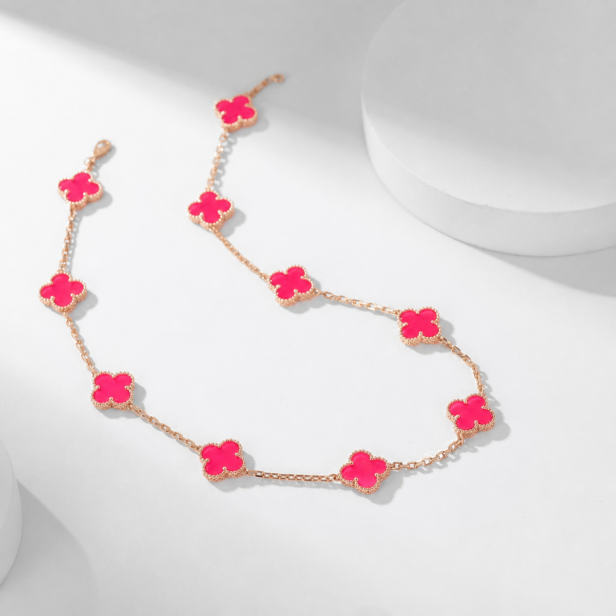 [⭐DORISW]NEW CLOVER 10 MOTIFS PINK ENAMEL NECKLACE