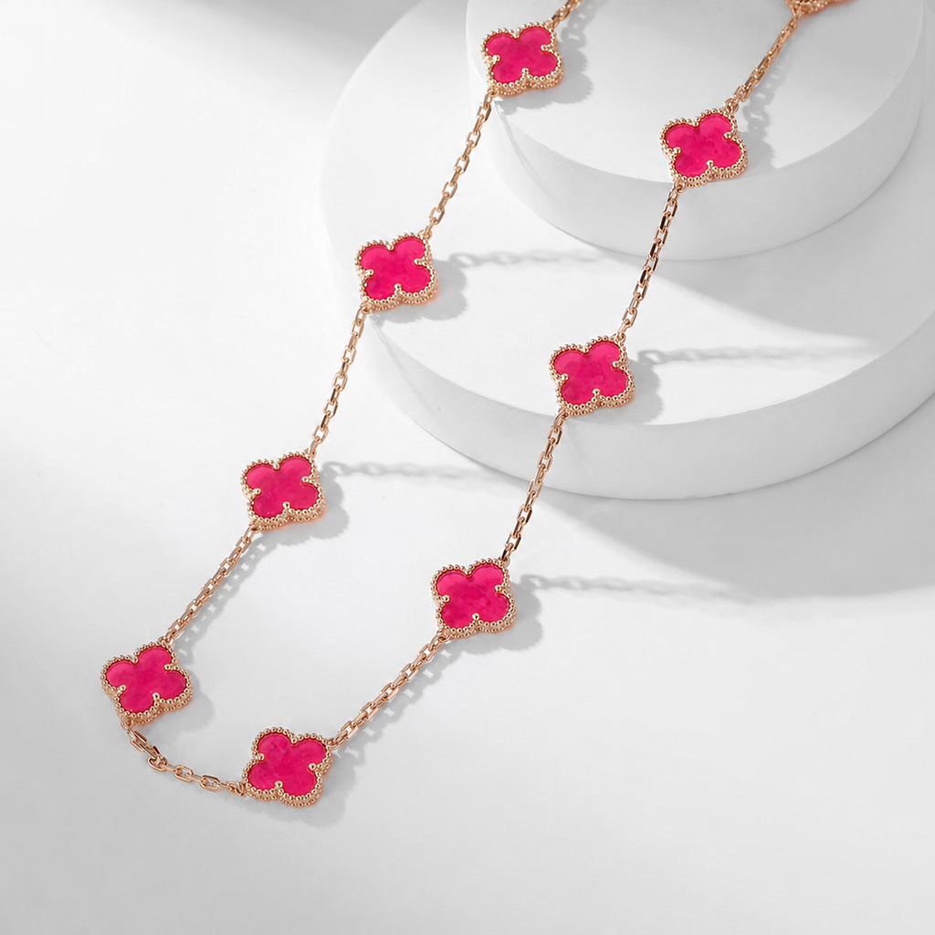 [⭐DORISW]NEW CLOVER 10 MOTIFS PINK ENAMEL NECKLACE