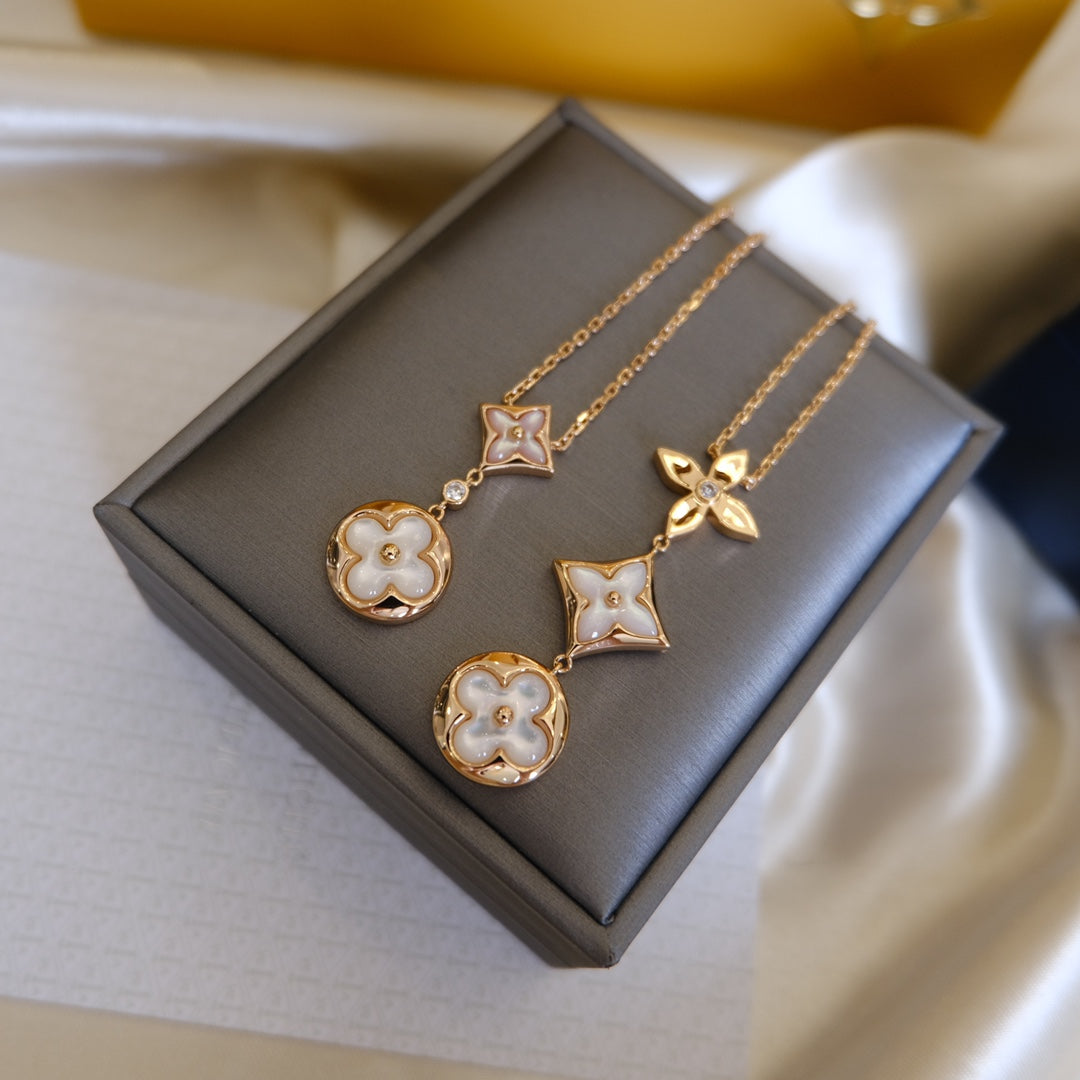 Aura COLOR BLOSSOM LARIAT NECKLACE PINK GOLD WHITE MOTHER PEARL AND DIAMOND
