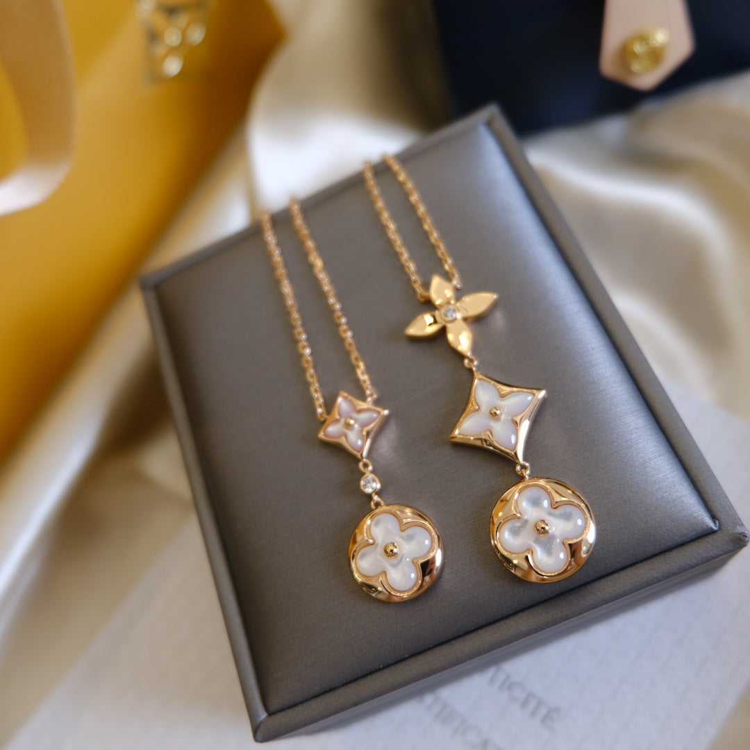 Aura COLOR BLOSSOM LARIAT NECKLACE PINK GOLD WHITE MOTHER PEARL AND DIAMOND