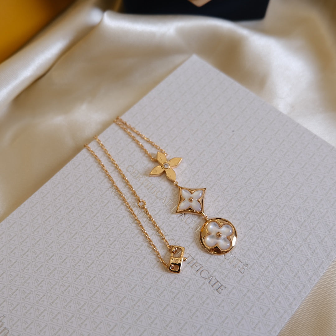 [⭐Aura ]COLOR BLOSSOM LARIAT NECKLACE PINK GOLD WHITE MOTHER PEARL AND DIAMOND