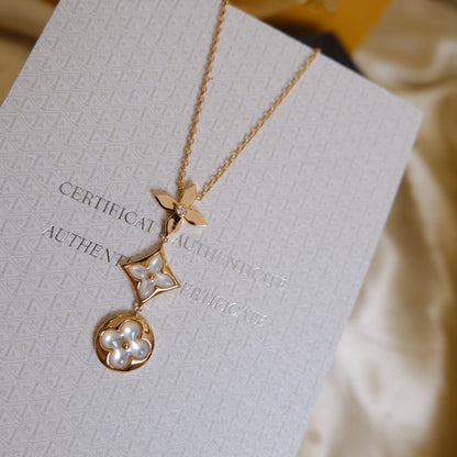 [⭐Aura ]COLOR BLOSSOM LARIAT NECKLACE PINK GOLD WHITE MOTHER PEARL AND DIAMOND
