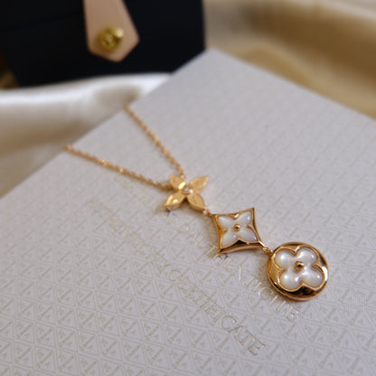 [⭐Aura ]COLOR BLOSSOM LARIAT NECKLACE PINK GOLD WHITE MOTHER PEARL AND DIAMOND