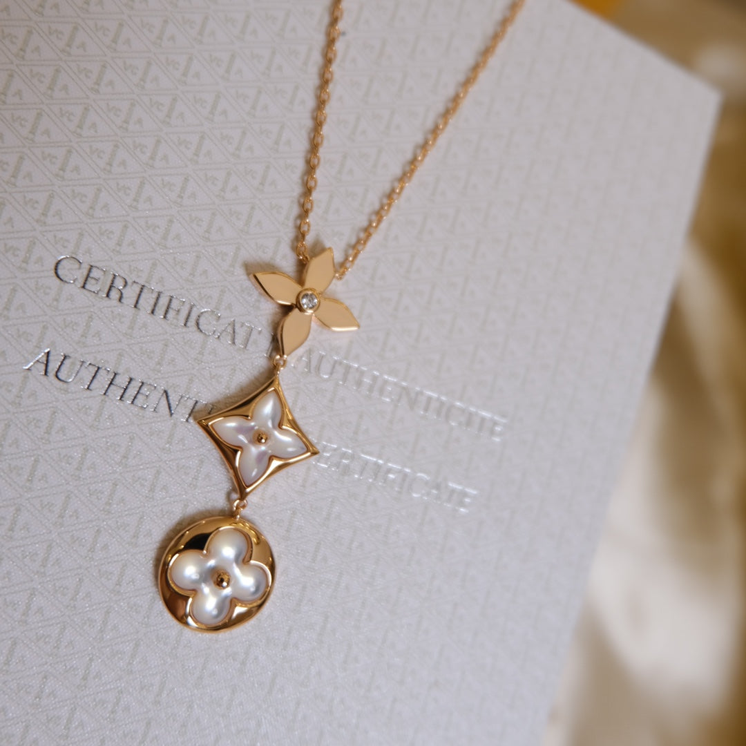 Aura COLOR BLOSSOM LARIAT NECKLACE PINK GOLD WHITE MOTHER PEARL AND DIAMOND