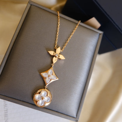 [⭐Aura ]COLOR BLOSSOM LARIAT NECKLACE PINK GOLD WHITE MOTHER PEARL AND DIAMOND