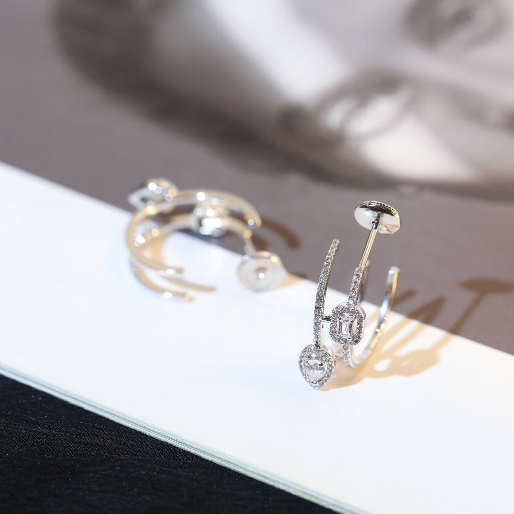 [Aura ] CREOLES MY TWIN 2 RANGS SILVER DIAMOND EARRINGS