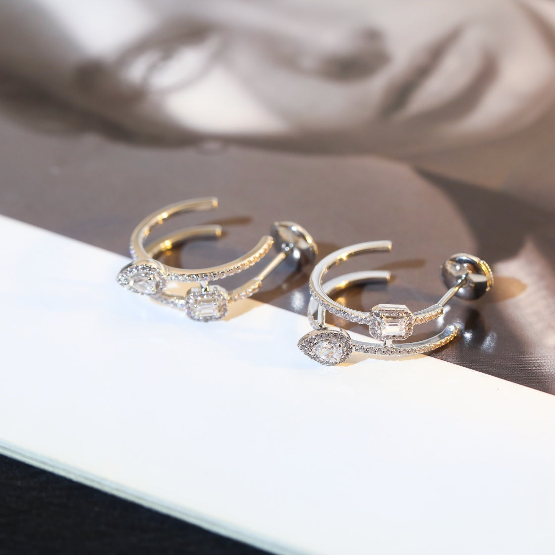 [Aura ] CREOLES MY TWIN 2 RANGS SILVER DIAMOND EARRINGS