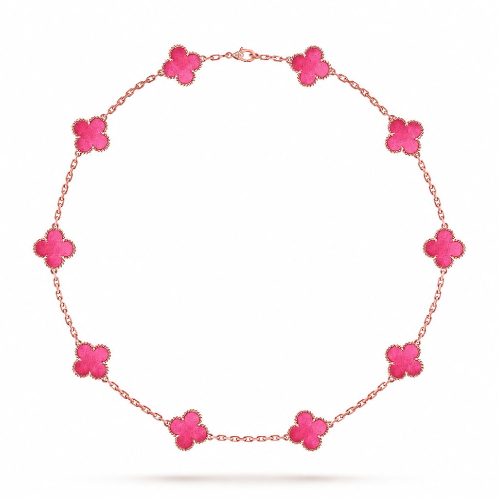 [⭐DORISW]NEW CLOVER 10 MOTIFS PINK ENAMEL NECKLACE